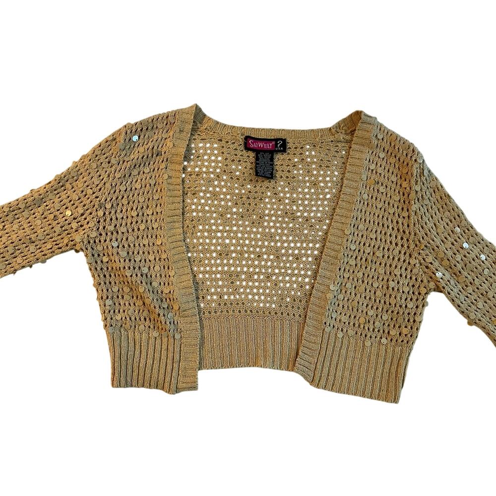 Vtg Y2K Say What? Gold Sequin Spangle Crochet Cropped Cardigan Sm boho festival